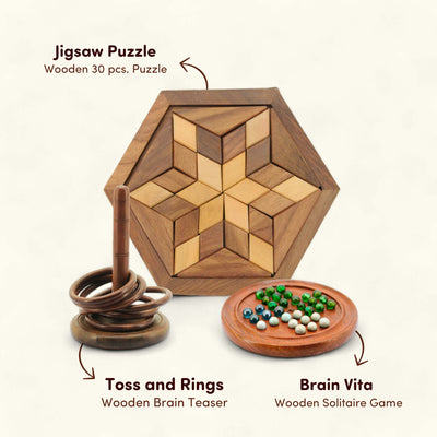 Toss and Ring, 30 PCS Jigsaw Puzzle and Brain Vita Game Combo Pack of 3 | Wooden Brain Teaser for Kids 6+ Years | Value Pack Combo