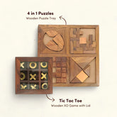 Tic Tac Toe & 4-in-1 Tray Puzzle | Classic XO 2 Player Strategy Game & Puzzle With 4 Unique Pattern | Made from High-Quality Wood