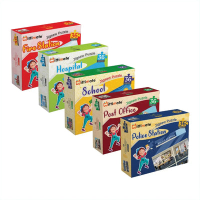 Home and Around Jigsaw Puzzle Combo Pack of 5 | Fire Station, Hospital, Police Station, Post Office and School | 36 Cardboard Pieces for Kids 4 to 6 Years