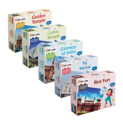 Indian Monuments Jigsaw Puzzle Combo Pack of 5 | Red Fort, Lotus Temple, Taj Mahal, Gateway of India, Golden Temple | 36 Cardboard Pieces for Kids 4 to 6 Years