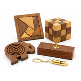 4-in-1 Wooden Brain Teaser & Adventure Combo | Tangram Puzzle, Snake Cube2 ", Elephant Maze & Nautical Whistle