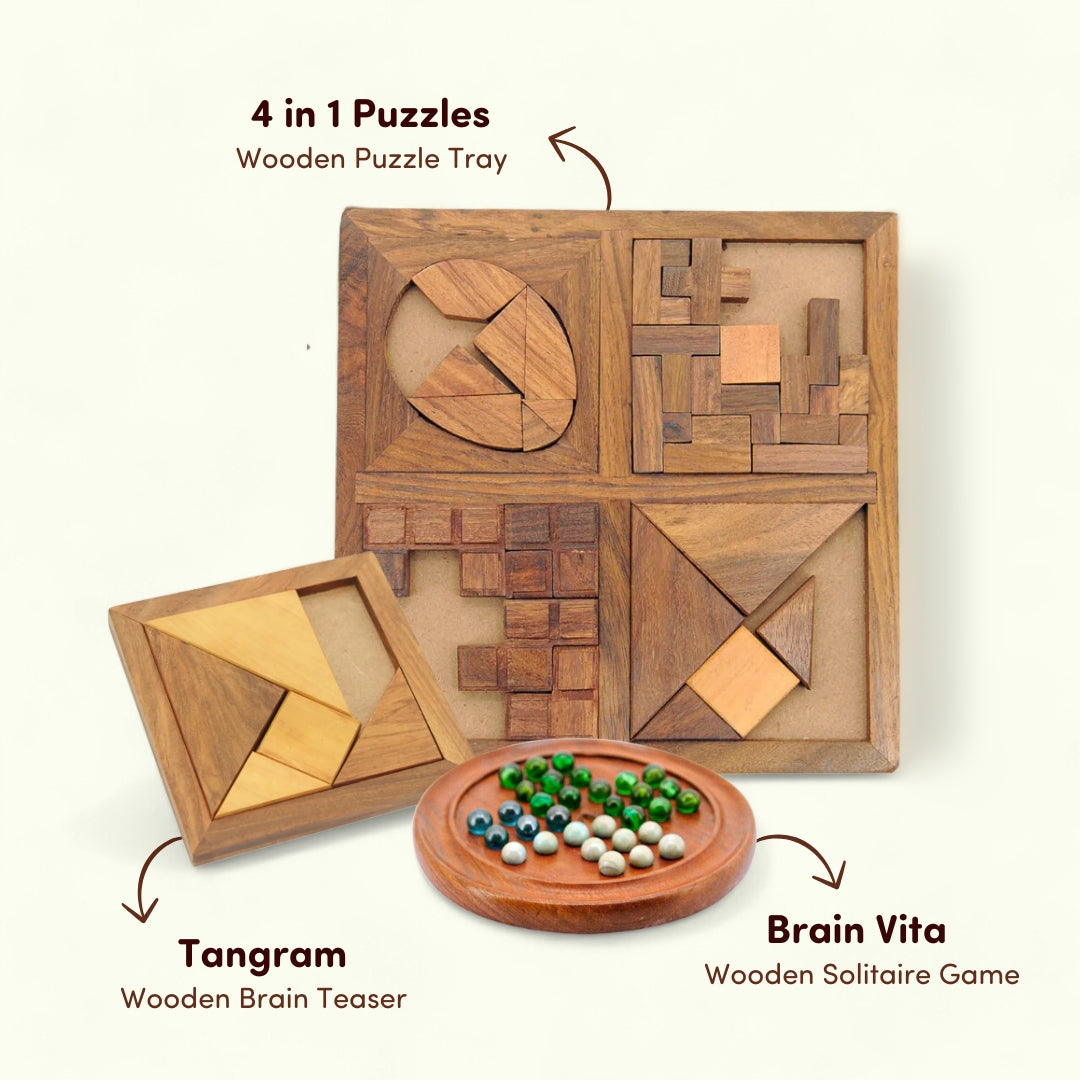 Brain Vita/Solitare, Wooden Tangram and Wooden Tray 4in1 Puzzle I Value Pack Combo