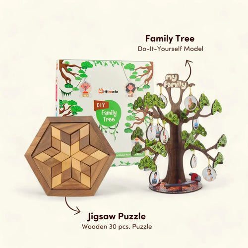 30 Pcs Jigsaw Puzzle and DIY Family Tree Combo Pack of 2 | Wooden Brain Teaser & DIY Kit for Kids | Value Pack Combo
