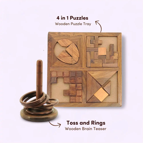 4 in 1 Puzzle & Toss and Ring Game Combo Pack of 2 | Wooden Brain Teaser for Kids 6+ Years | Value Pack Combo
