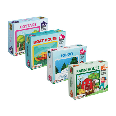 Type of Houses Jigsaw Puzzle Combo Pack of 4 | Farm, Igloo, Cottage, Boat | 36 Cardboard Pieces for Kids 4 to 6 Years