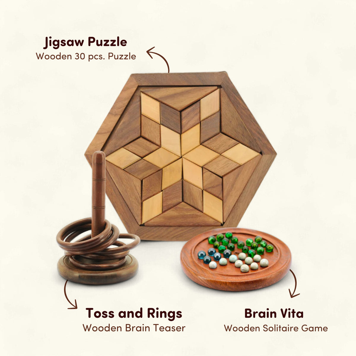 Wooden Toss and Ring, 30 PCS Jigsaw Puzzle and Brain Vita Solitaire Game Set of 3 I Value Pack Combo