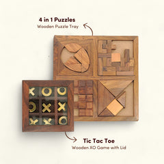 Wooden Tic Tac Toe with Lid and Wooden Tray 4 in1 Puzzle I Value Pack Combo