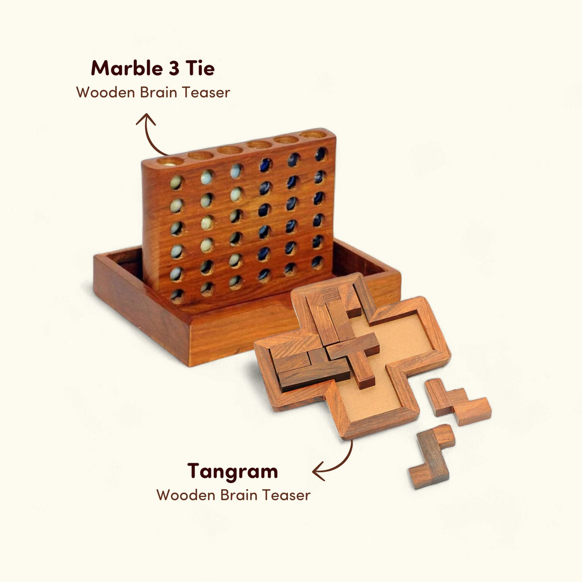 Wooden Marble 3 Tie (Connect 4) Game and Cross Pentomino Puzzle Set of 2 I Value Pack Combo