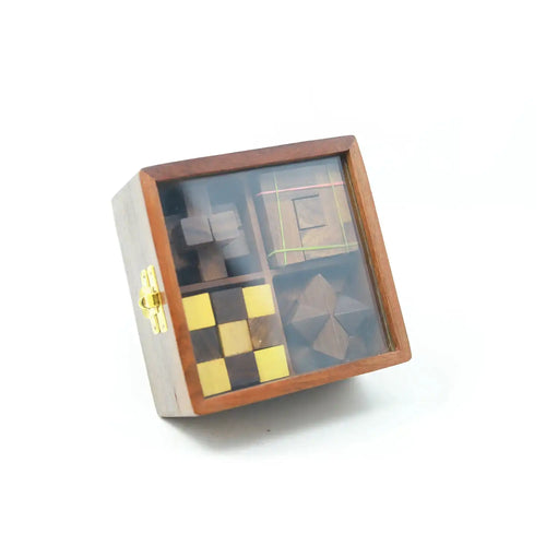 4-in-1 Box Puzzle for Kids 6+ Years | Snake Cube, Star Cube, Burr & Soma Cube | Wooden Brain Teaser | Develops Problem-Solving Skills