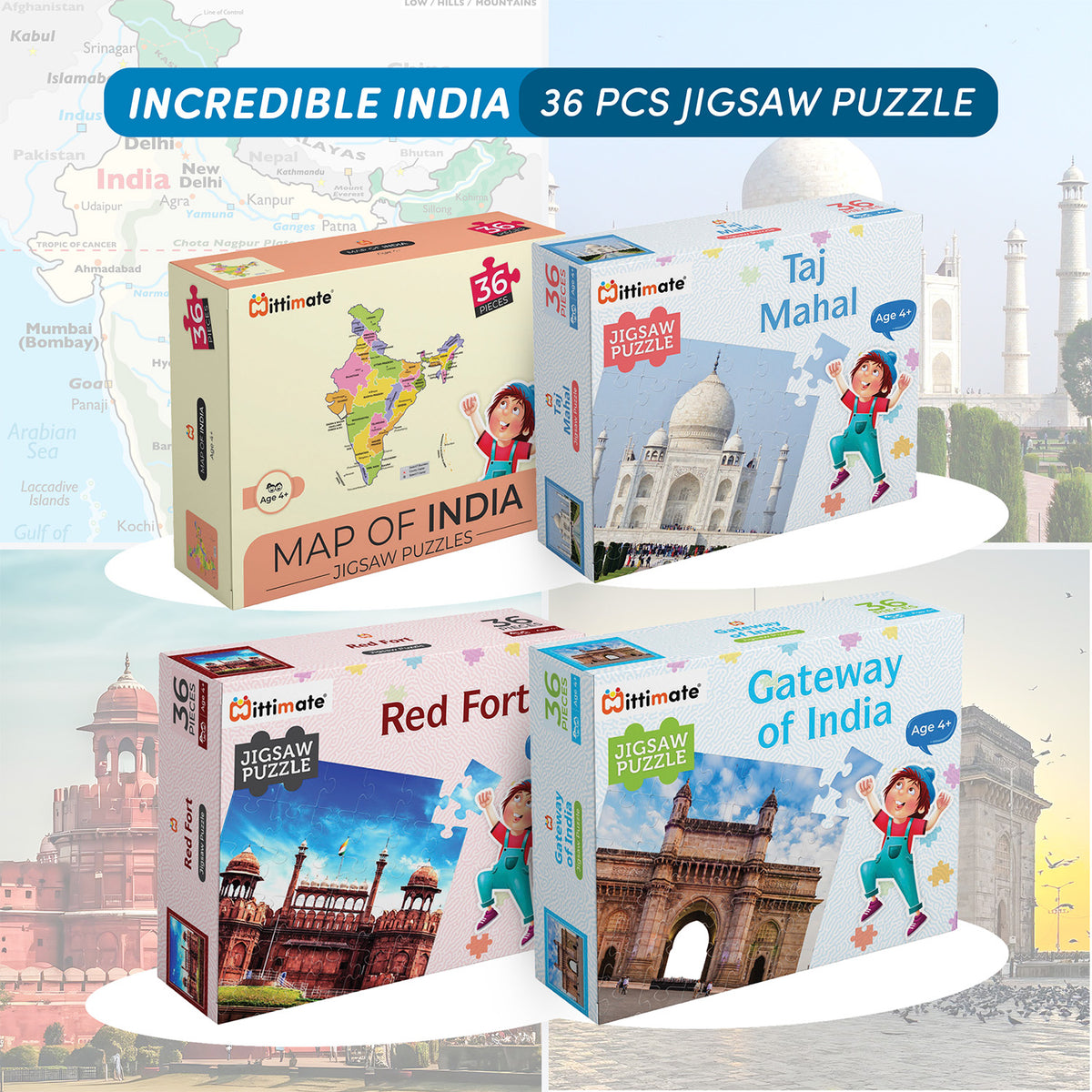 Incredible India 36 Pcs Jigsaw Puzzle Combo | Map of India, Taj Mahal, Red Fort and Gateway of India | Set of 4