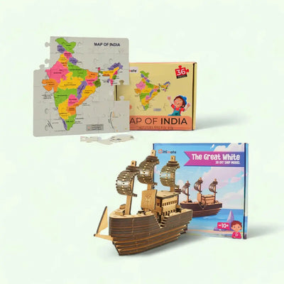 Map of India Jigsaw Puzzle and DIY Great White Ship  Combo Pack of 2 | Wooden Brain Teaser for Kids 6+ Years | Value Pack Combo