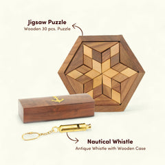 Wooden 30 Pcs Jigsaw Puzzle and Wooden Nautical Whistle Set of 2 I Value Pack Combo