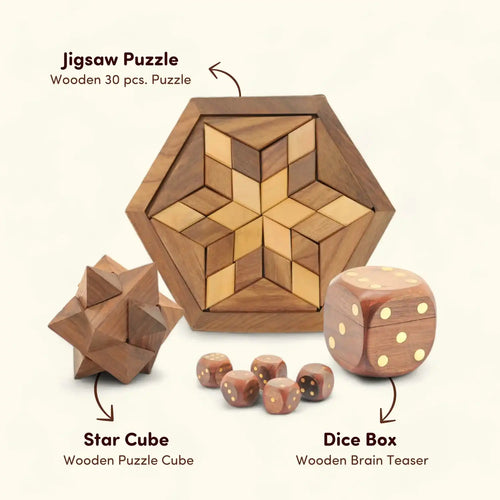 30 PCS Jigsaw Puzzle, Wooden Dice Box and Star Cube Puzzle Combo Pack of 3 | Wooden Brain Teaser for Kids 6+ Years | Value Pack Combo