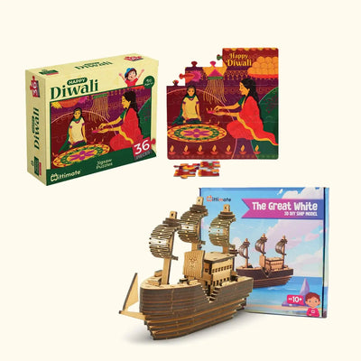 DIY Great White Ship and Diwali Jigsaw Puzzle Combo Pack of 2 | Wooden Brain Teaser for Kids 6+ Years | Value Pack Combo