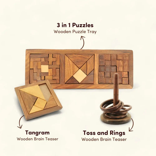 3 in 1 Puzzle Tray, Toss and Ring & Tangram Puzzle Combo Pack of 3 | Wooden Brain Teaser for Kids 6+ Years | Value Pack Combo