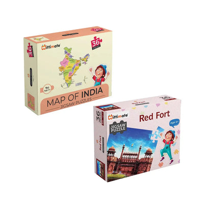 Delhites Jigsaw Puzzle Combo Pack of 2 | Map of India & Red Fort | 36 Cardboard Pieces for Kids 4 to 6 Years
