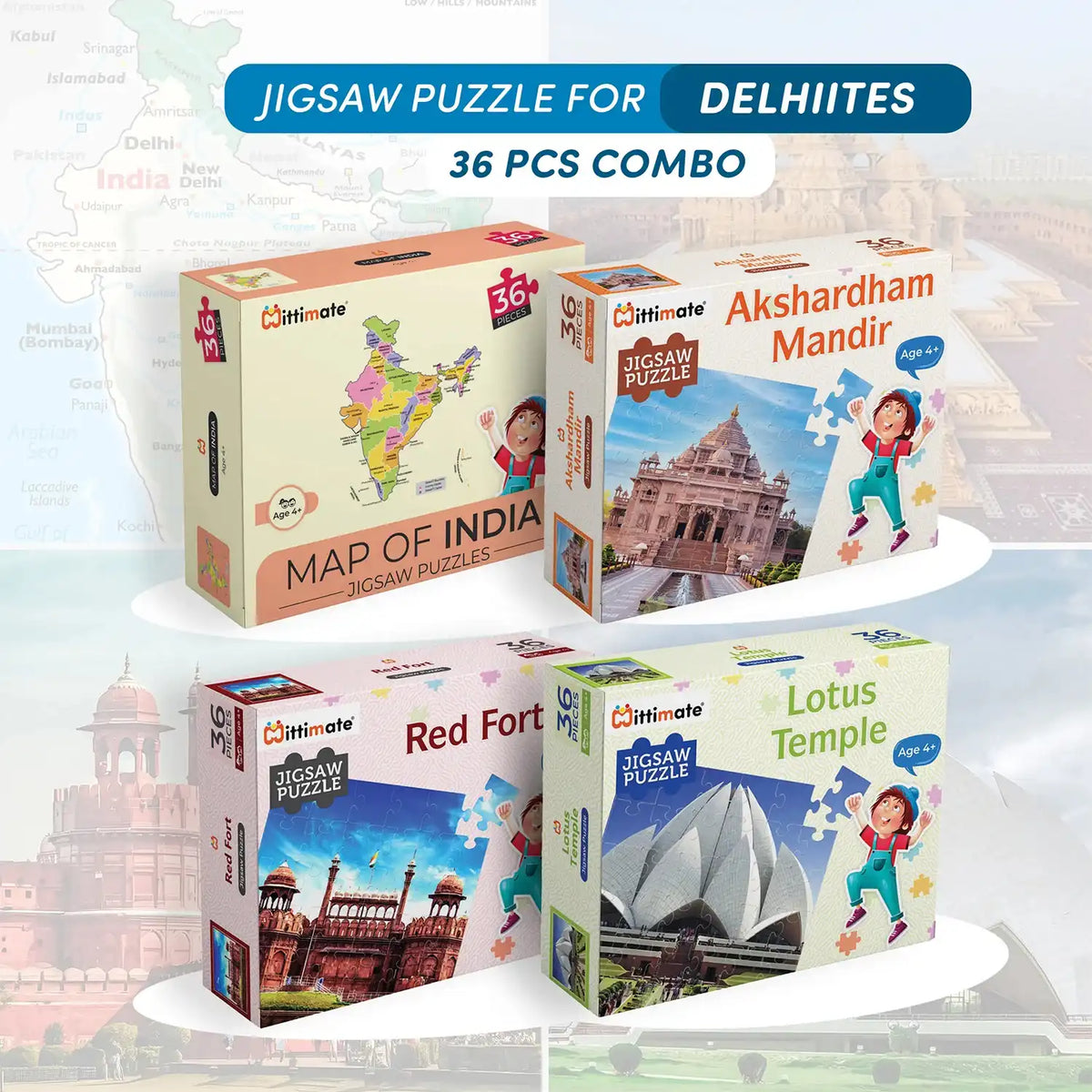 Buy Map of India, Akshardham, Red Fort and Lotus Temple Jigsaw Puzzle Combo for Kids 4 to 6 Year