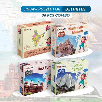 Delhites Jigsaw Puzzle Combo Pack of 4 | Map of India, Lotus Temple, Akshardham and Red Fort | 36 Cardboard Pieces for Kids 4 to 6 Years