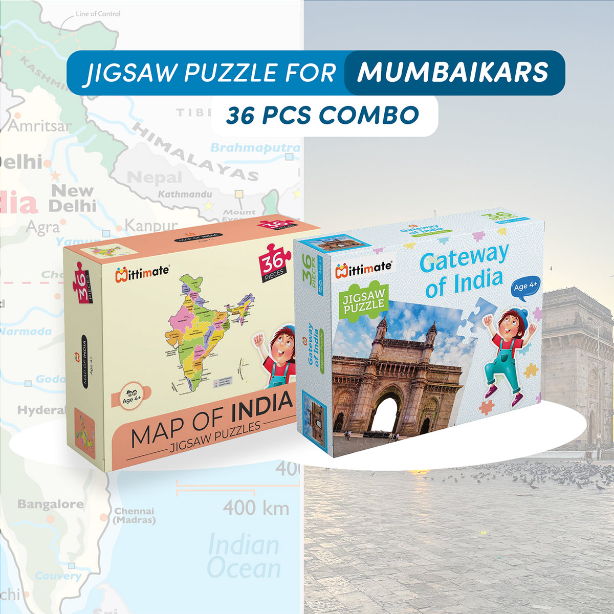 Mumbaikars 36 Pcs Jigsaw Puzzle Combo | Map of India and Gateway of India | Set of 2