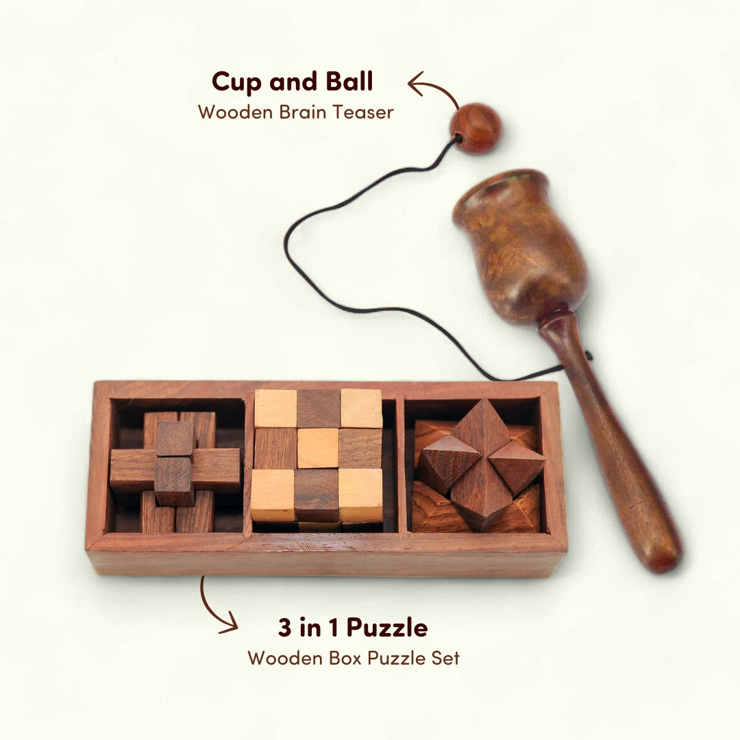 3 in 1 Wooden Box Puzzle and Wooden Cup and Ball  Set of 2 I Value Pack Combo