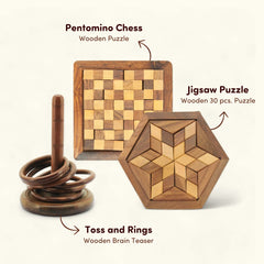 Wooden Toss and Rings, Pentomino Chess and Wooden 30 Pcs Jigsaw Puzzle Set of 3 I Value Pack Combo