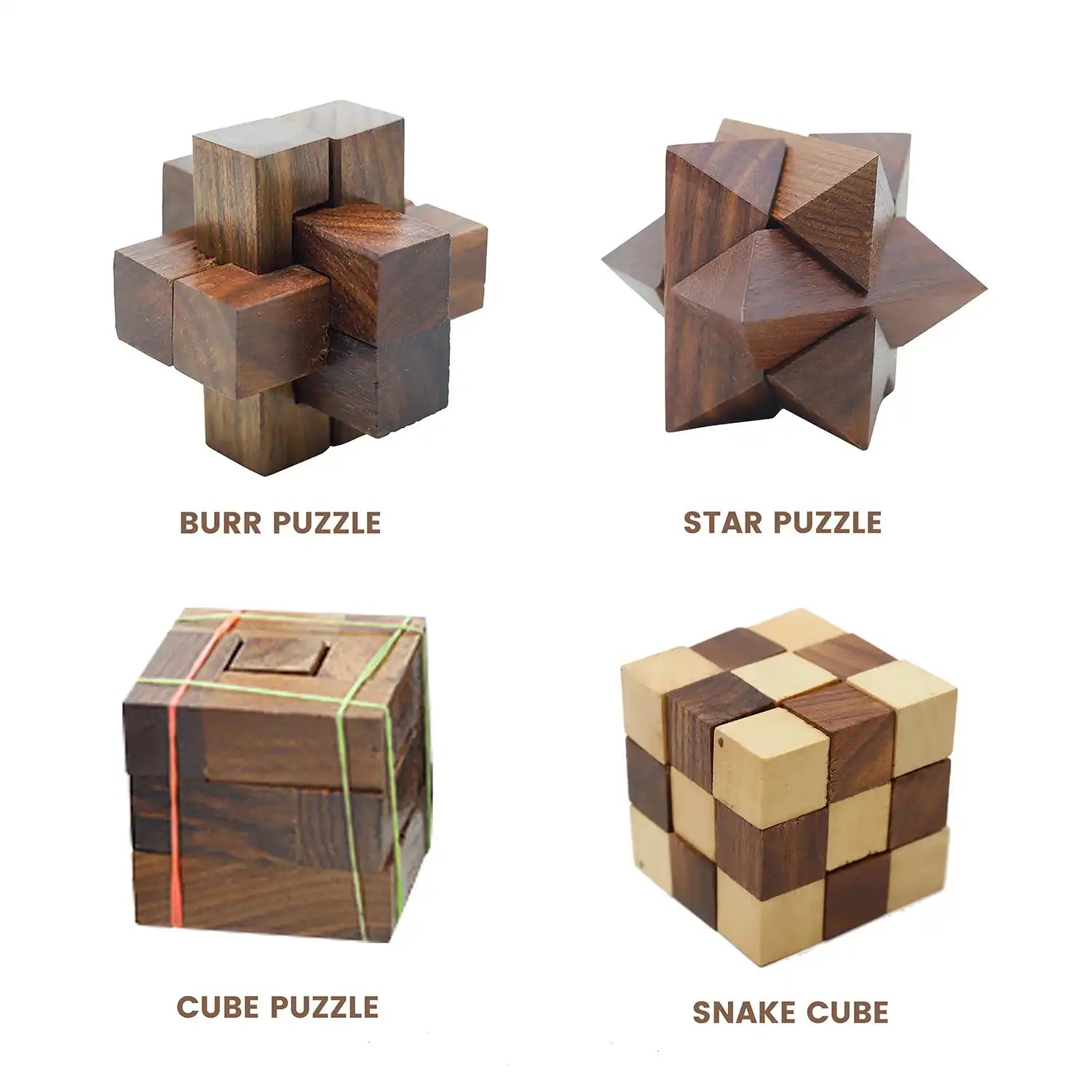 Buy Wooden 4 in 1 Puzzles for Kids 8 Year Old & Above I Snake Cube, Star Cube and Burr Puzzle and Cube Puzzle