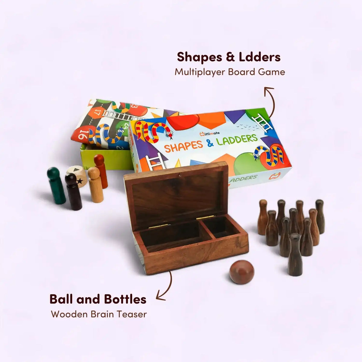 Buy Shape & Ladder (Snake & Ladder) and Wooden Ball and Bottle (Bowling) Game for Kids 6 to 8 Year Old