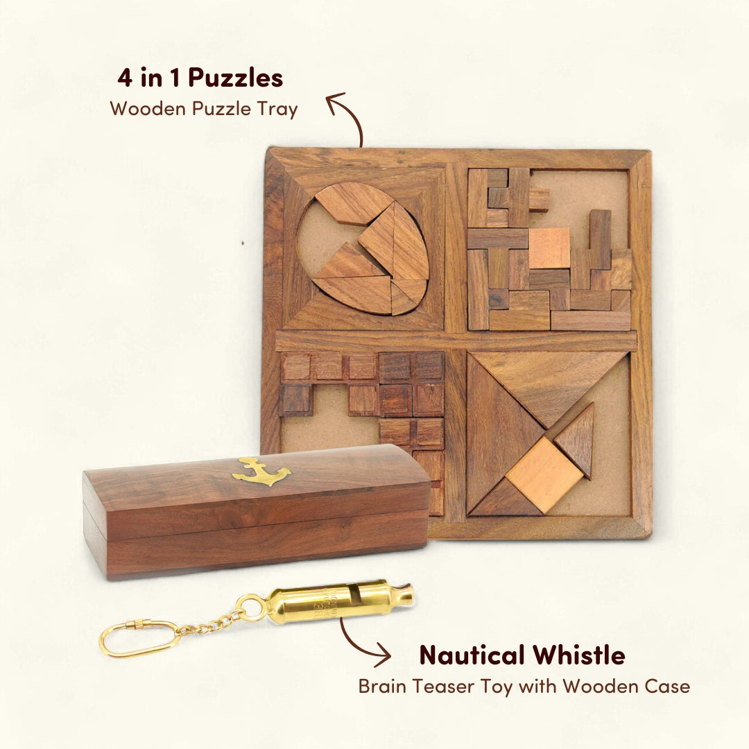 Wooden Nautical Whistle and Wooden Tray 4in1 Set of 2 I Value Pack Combo