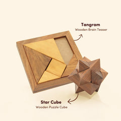 Wooden Star Cube Puzzle and Wooden Tangram Set of 2 I Value Pack Combo