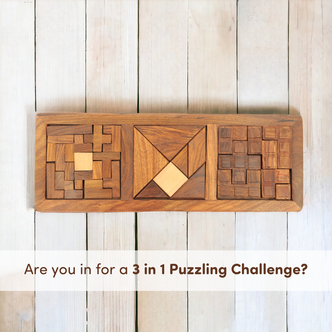 3 in 1 Wooden Puzzle Tray | Brain Teaser Games | Fun & Learning - Mittimate