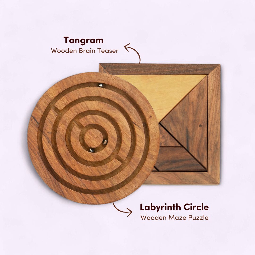 Maze Puzzle Labyrinth Circle 6" and Wooden Tangram Set of 2 I Value Pack Combo