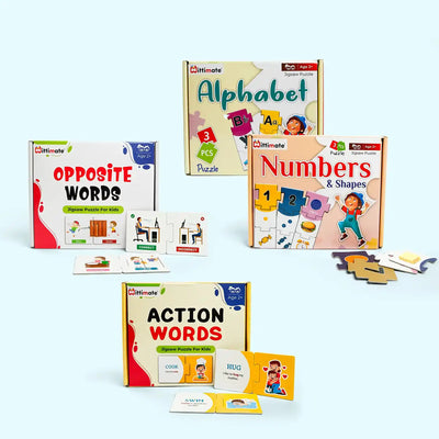 Little Learners Jigsaw Puzzle Combo Pack of 4 | Alphabet, Action Words, Opposite Words and Number & Shapes| 36 Cardboard Pieces for Kids 4 to 6 Years