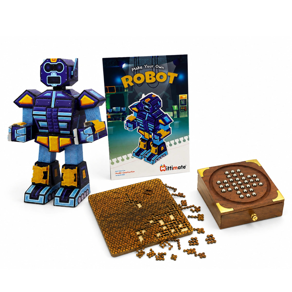 Brain Teasers Combo for Kids | Robot DIY Model, Honeycomb Fractal Puzzle & Brainvita | Screen-Free Learning & Problem-Solving Activities