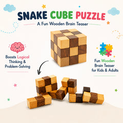4-in-1 Wooden Brain Teaser & Adventure Combo | Tangram Puzzle, Snake Cube2 ", Elephant Maze & Nautical Whistle