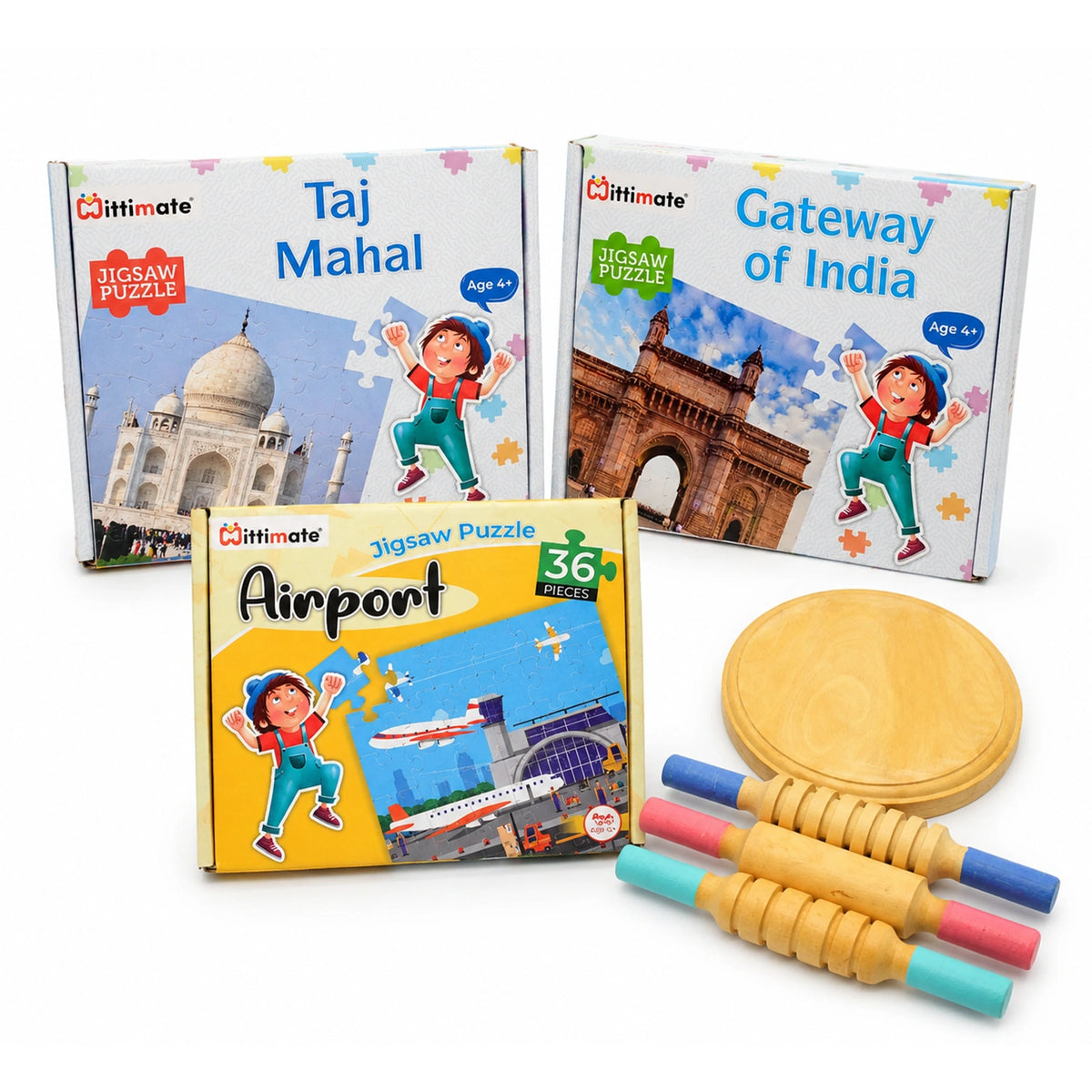 4-in-1 Explore India & Pretend Play Combo | Taj Mahal, Gateway of India, Airport Puzzle & Wooden Rolling Pin Set