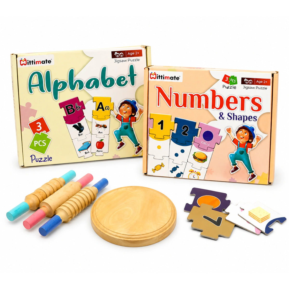 3-in-1 Alphabet & Numbers Learning Combo | Alphabet Puzzle, Numbers & Shapes Puzzle + Wooden Rolling Pin Board Set