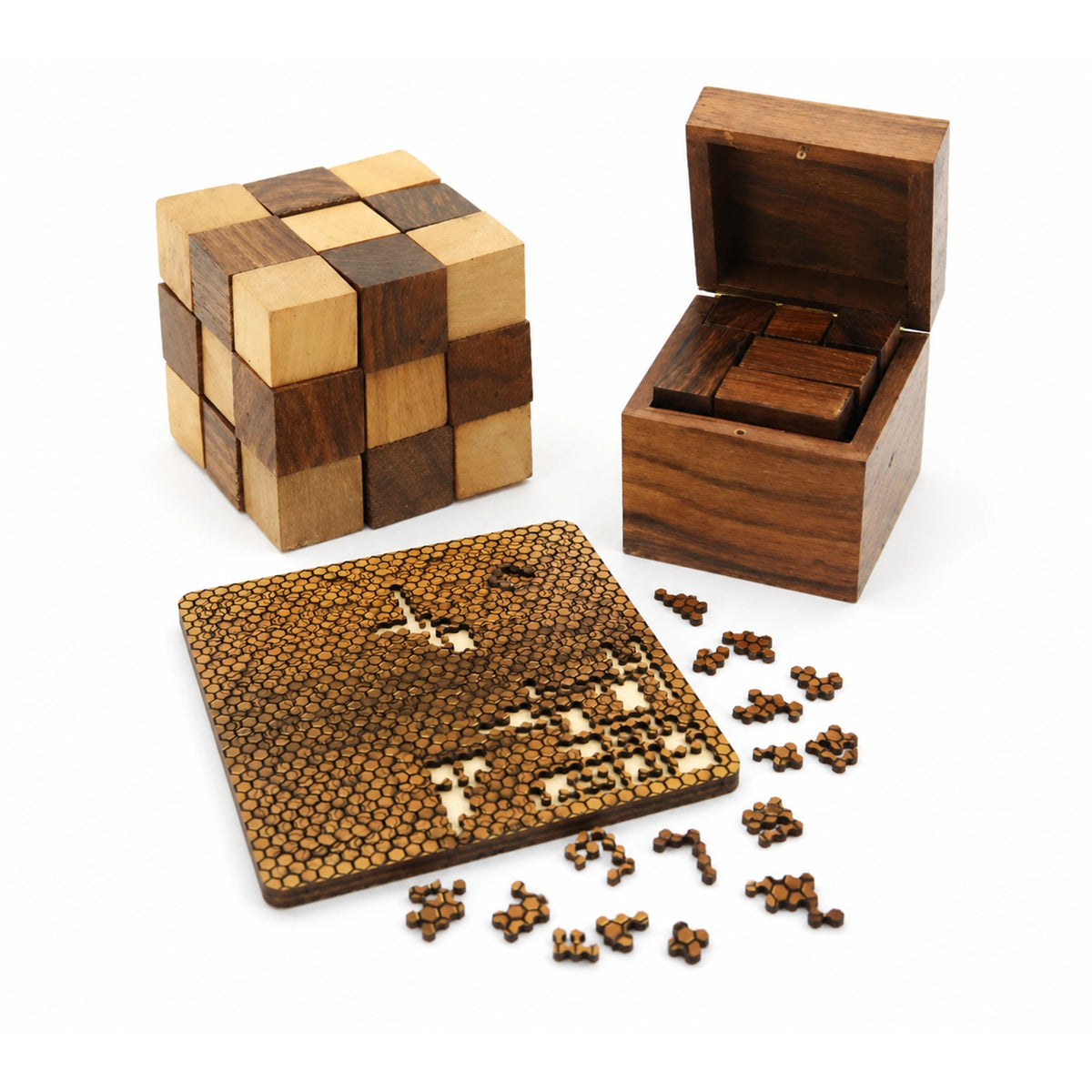 3-in-1 Wooden Brain Teaser Combo | Honeycomb Fractal, Soma Cube & Snake Cube Puzzle 2" for Kids 6+