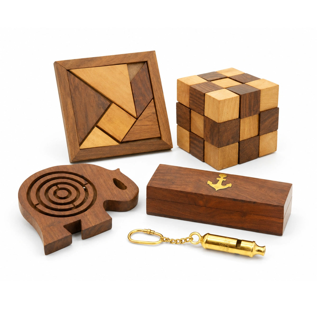 4-in-1 Wooden Brain Teaser & Adventure Combo | Tangram Puzzle, Snake Cube2 ", Elephant Maze & Nautical Whistle