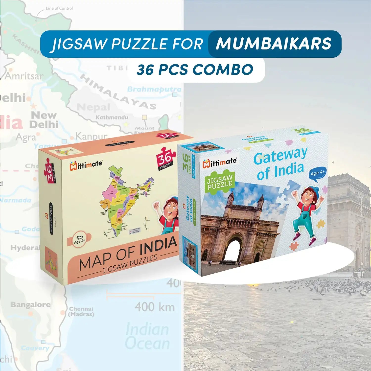 Jigsaw Puzzle Combo Pack of 2 | Gateway of India & Map of India | 36 Pcs Cardboard Jigsaw Puzzle for Kids 4 to 6 Years Old
