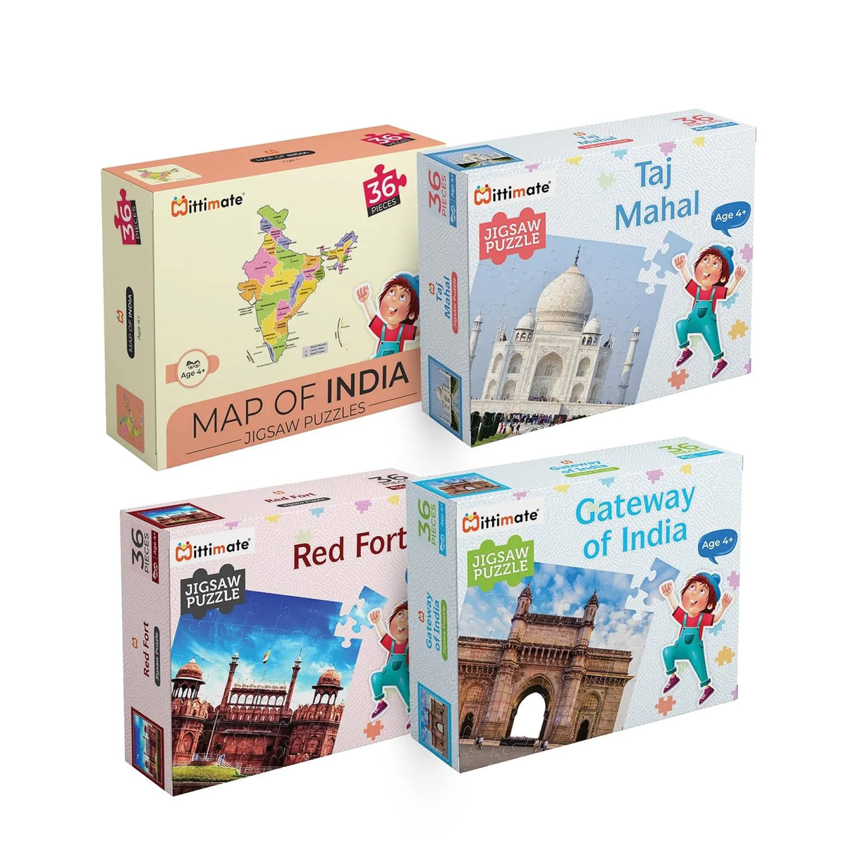 Jigsaw Puzzle Combo Pack of 4 | Map of India, Taj Mahal, Red Fort & Gateway of India | 36 Pcs Cardboard Jigsaw Puzzle for Kids 4 to 6 Years Old