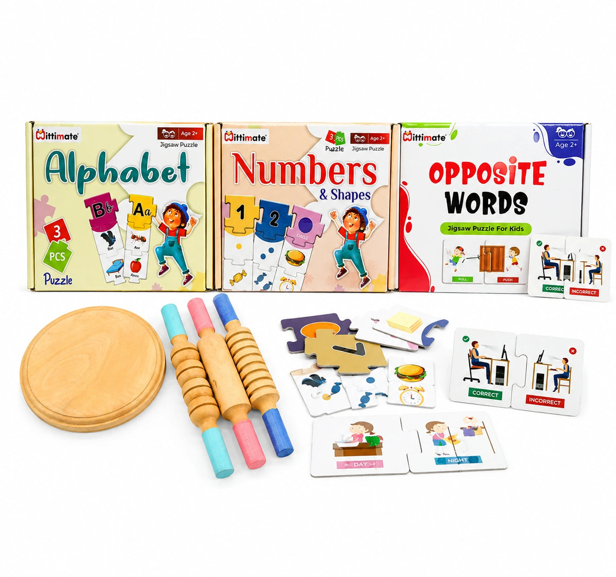 4-in-1 Toddler Learning Combo | Alphabet, Numbers & Shapes, Opposite Words Puzzle with Wooden Rolling Pin Set