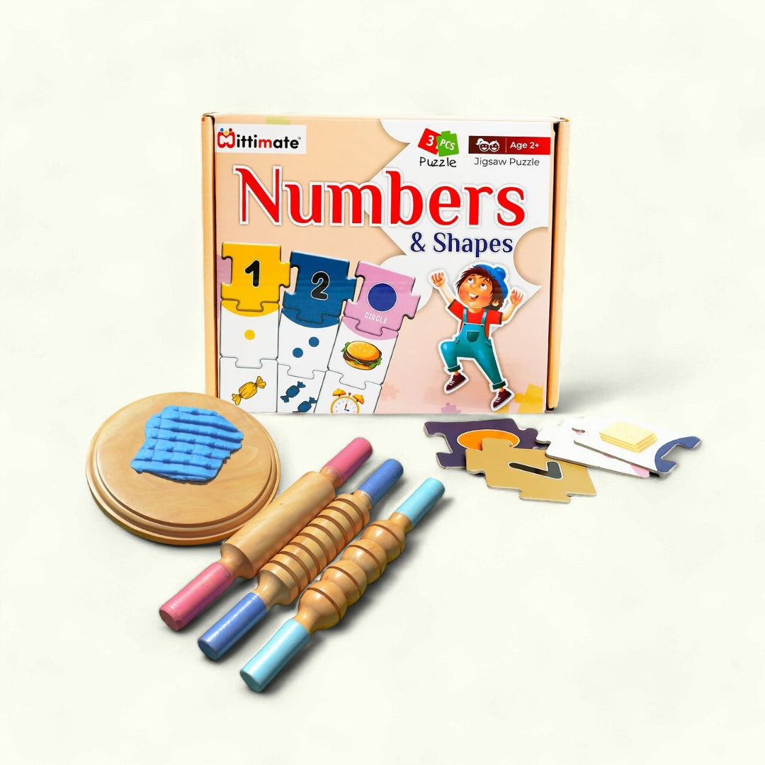 Wooden Rolling Pin and Number & Shape Jigsaw Puzzle for Kids I Value Pack Combo