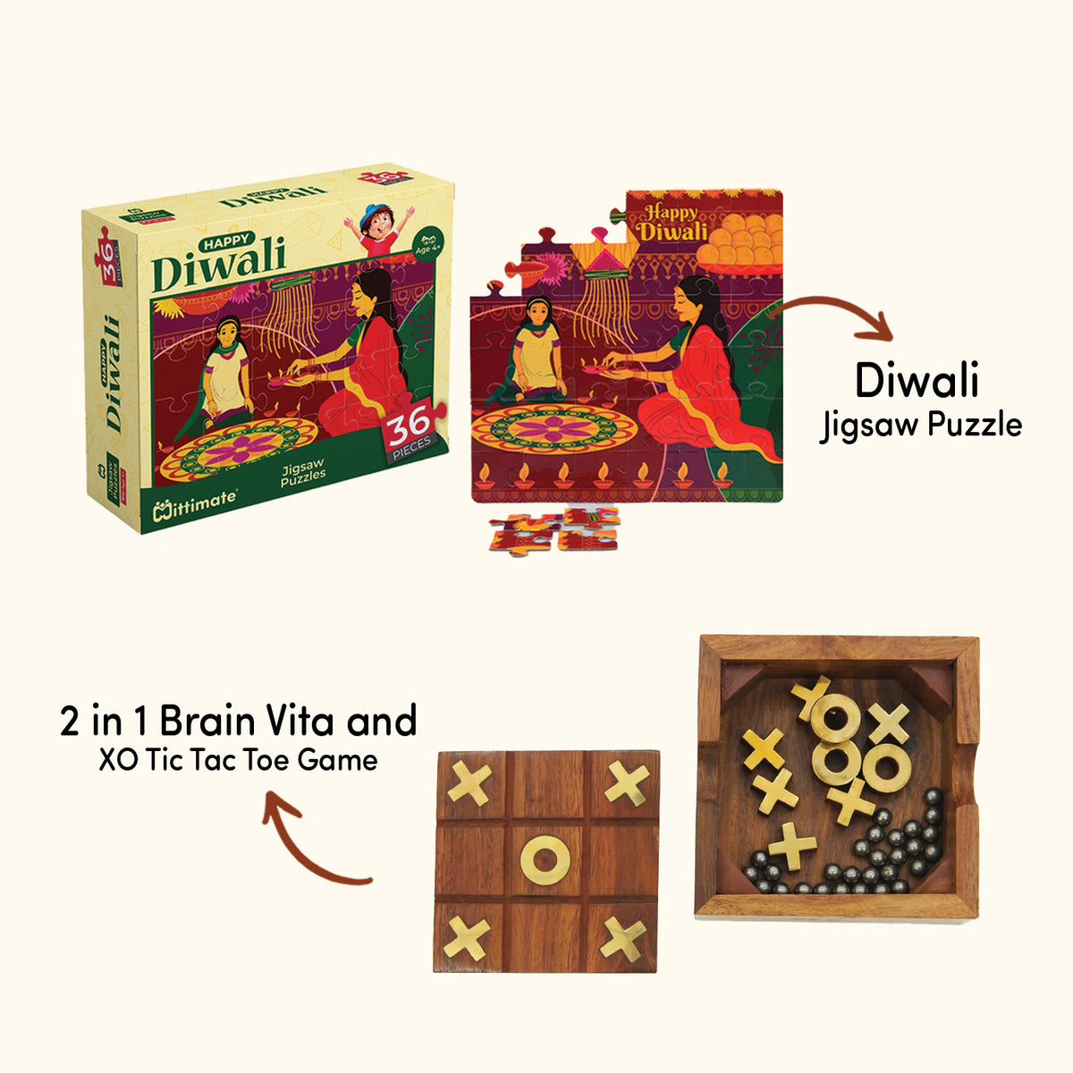 Diwali Jigsaw Puzzle and 2 in 1 Brain Vita XO  Game Set of 2 I Value Pack Combo